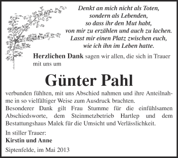 Traueranzeige von Günter Pahl von WVG - Wochenspiegel Quedlinburg