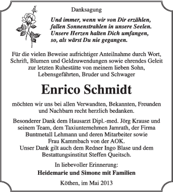 Traueranzeige von Enrico Schmidt von Super Sonntag Dessau / Köthen