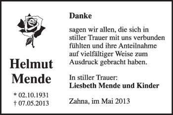 Traueranzeige von Helmut Mende von Super Sonntag Wittenberg