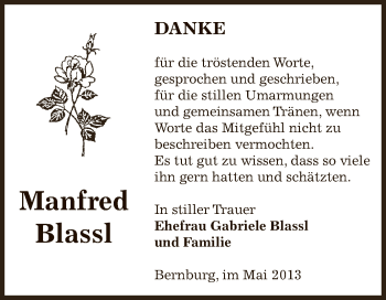Traueranzeige von Manfred Blassl von Super Sonntag Bernburg