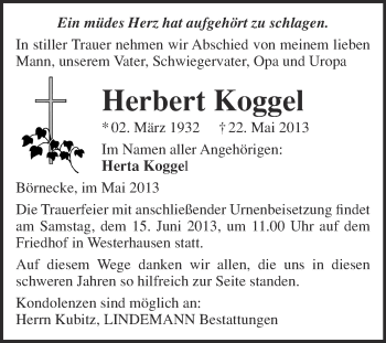 Traueranzeige von Herbert Koggel von Super Sonntag Quedlinburg