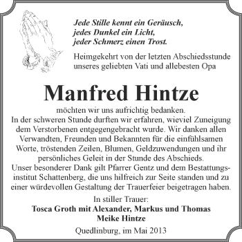 Traueranzeige von Manfred Hintze von WVG - Wochenspiegel Quedlinburg