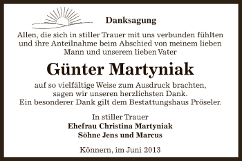 Traueranzeige von Günter Martyniak von Super Sonntag Bernburg