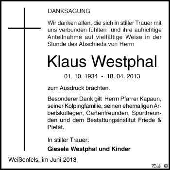 Traueranzeige von Klaus Westphal von WVG - Wochenspiegel NMB / WSF / ZTZ