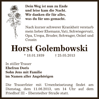 Traueranzeige von Horst Golembowski von Super Sonntag Bernburg
