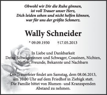 Traueranzeige von Wally Schneider von Super Sonntag Dessau / Köthen