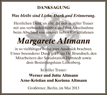 Traueranzeige von Margarete Altmann von Wochenspiegel Mansfelder Land