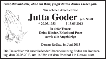 Traueranzeige von Jutta Goder von Super Sonntag Dessau / Köthen