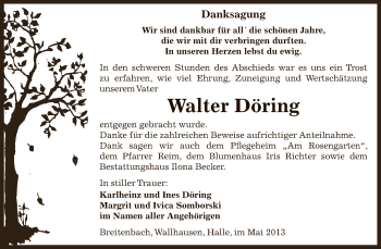 Traueranzeige von Walter Döring von Super Sonntag SGH Mansf. Land