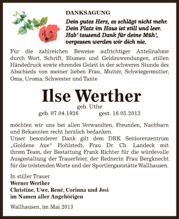 Traueranzeige von Ilse Werther von Super Sonntag SGH Mansf. Land