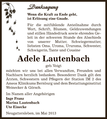 Traueranzeige von Adele Lautenbach von Super Sonntag Bernburg