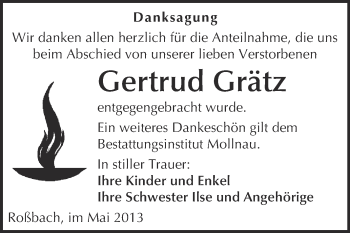 Traueranzeige von Gertrud Grätz von WVG - Wochenspiegel Merseburg