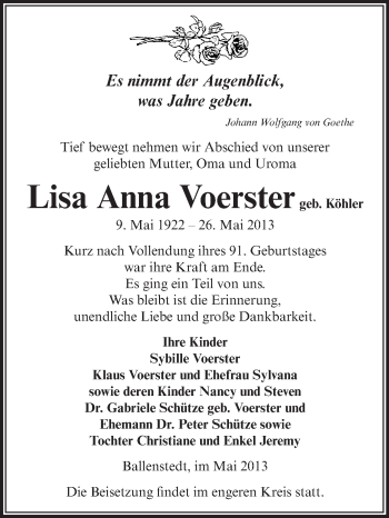 Traueranzeige von Lisa Anna Voerster von Super Sonntag Aschersleben