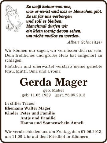 Traueranzeige von Gerda Mager von Super Sonntag Bernburg
