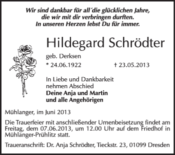 Traueranzeige von Hildegard Schrödter von WVG - Wochenspiegel Wittenberg