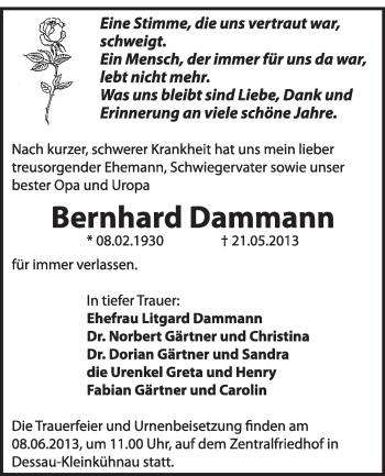 Traueranzeige von Bernhard Dammann von Super Sonntag Dessau / Köthen