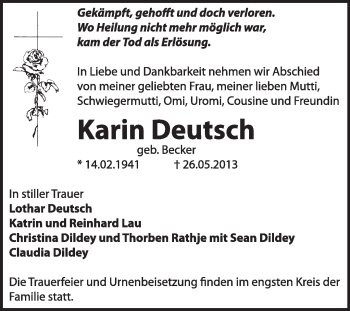 Traueranzeige von Karin Deutsch von Super Sonntag Dessau / Köthen