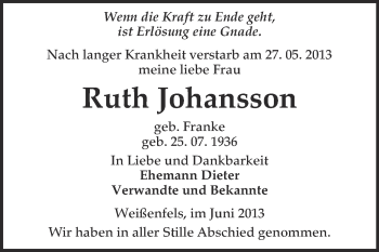 Traueranzeige von Ruth Johansson von WVG - Wochenspiegel NMB / WSF / ZTZ
