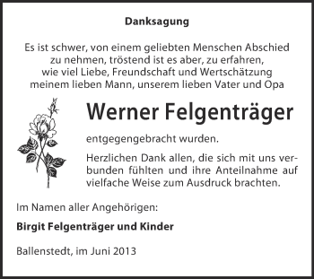 Traueranzeige von Werner Felgenträger von WVG - Wochenspiegel Quedlinburg