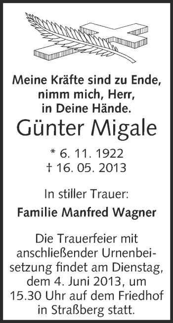 Traueranzeige von Günter Migale von WVG - Wochenspiegel Quedlinburg