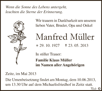 Traueranzeige von Manfred Müller von Super Sonntag Zeitz