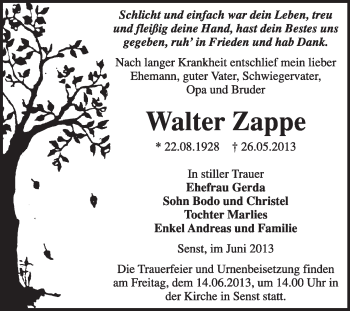 Traueranzeige von Walter Zappe von WVG - Wochenspiegel Wittenberg