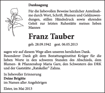 Traueranzeige von Franz Tauber von WVG - Wochenspiegel Wittenberg