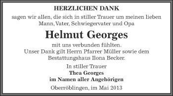 Traueranzeige von Helmut Georges von Super Sonntag SGH Mansf. Land