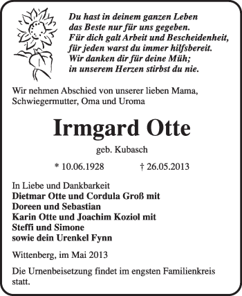 Traueranzeige von Irmgard Otte von WVG - Wochenspiegel Wittenberg
