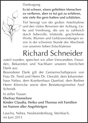 Traueranzeige von Richard Schneider von WVG - Wochenspiegel NMB / WSF / ZTZ