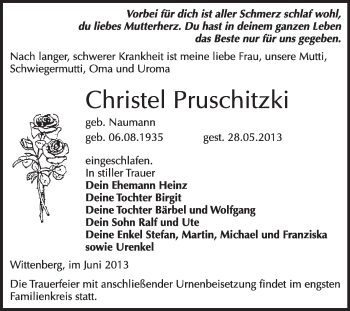 Traueranzeige von Christel Pruschitzki von WVG - Wochenspiegel Wittenberg