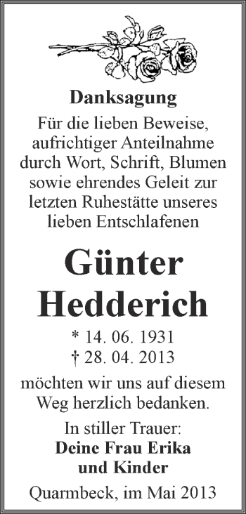 Traueranzeige von Günter Hedderich von WVG - Wochenspiegel Quedlinburg