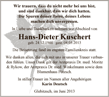Traueranzeige von Hans-Dieter Kuschert von WVG - Wochenspiegel Bitterfeld