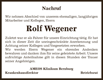 Traueranzeige von Rolf Wegener von Super Sonntag Bernburg