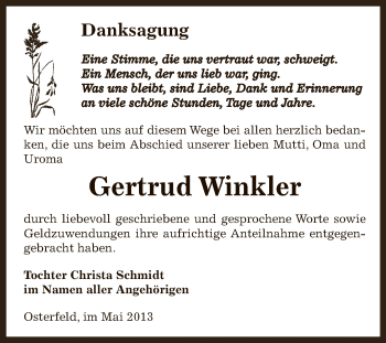 Traueranzeige von Gertrud Winkler von Super Sonntag Zeitz