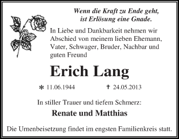 Traueranzeige von Erich Lang von WVG - Wochenspiegel Dessau / Köthen