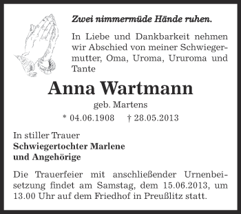 Traueranzeige von Anna Wartmann von Super Sonntag Bernburg