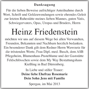 Traueranzeige von Heinz Friedenstein von Super Sonntag Merseburg