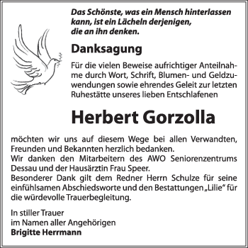 Traueranzeige von Herbert Gorzolla von Super Sonntag Dessau / Köthen