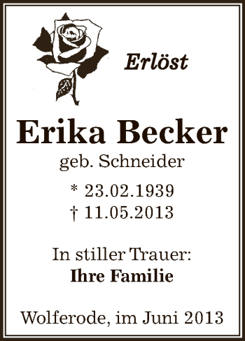 Traueranzeige von Erika Becker von Wochenspiegel Mansfelder Land