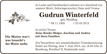 Traueranzeige von Gudrun Winterfeld von Super Sonntag Bernburg