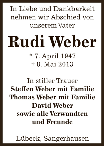 Traueranzeige von Rudi Weber von Super Sonntag SGH Mansf. Land
