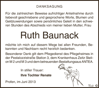 Traueranzeige von Ruth Baunack von Super Sonntag Zeitz