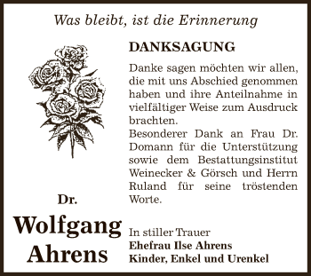 Traueranzeige von Wolfgang Ahrens von Super Sonntag Bernburg