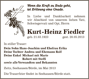 Traueranzeige von Kurt-Heinz Fiedler von Super Sonntag Zeitz