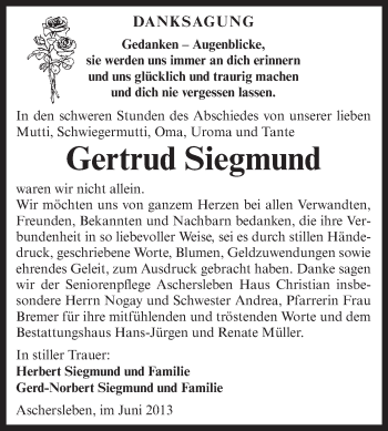 Traueranzeige von Gertrud Siegmund von Super Sonntag Aschersleben