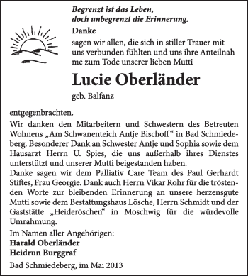 Traueranzeige von Lucie Oberländer von WVG - Wochenspiegel Wittenberg
