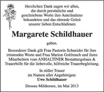 Traueranzeige von Margarete Schildauer von Super Sonntag Dessau / Köthen