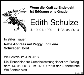 Traueranzeige von Edith Schulze von WVG - Wochenspiegel NMB / WSF / ZTZ