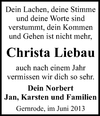 Traueranzeige von Christa Liebau von WVG - Wochenspiegel Quedlinburg